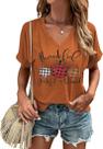 Camiseta KYVPO Thanksgiving Thankful Grateful com decote em V feminina marrom