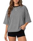 Camiseta listrada de gola redonda grande da BAIGRAM, manga curta, ombro caído, estética Y2K, casual, casual, de algodão formal, meninas de verão, pret Camiseta listrada de gola redonda grande da BAIGRAM, manga curta, ombro caído, estética Y2K, casual, casual, de algodão formal, meninas de verão, pret