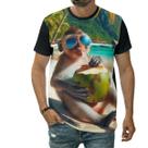 Camiseta Macaco Na Praia Tomando Água De Coco Desenho Arte