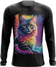 Camiseta Manga Longa Gatinho Ondas Magnéticas Vibrante 1