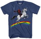 Camiseta Marvel Deadpool Riding Unicorn Rainbow Navy HTR