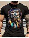 Camiseta Masculina em Algodão com Estampa de Coruja e Filtro dos Sonhos Camiseta Masculina em Algodão com Estampa de Coruja e Filtro dos Sonhos