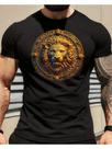 Camiseta Masculina Leão Dourado Ornamentado em Algodão Preto - Design Intricado