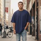 Camiseta Masculina Oversize Azul Indigo Algodão Com Elastano