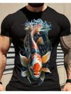 Camiseta Masculina Peixe Koi em Algodão Preto - Design Aquático