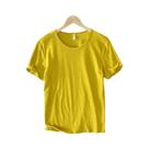 Camiseta Masculina Slim-fit Retro Com Bordas Cruas Em Algodão, Leve, Respirável, Monocromática, Gola