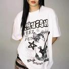Camiseta Oversize Feminina - Estampa de Gato, Guitarra e Rock - Moda Coreana