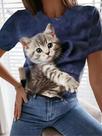 Camiseta Plus Size com Estampa 3D de Gato - Gola Redonda, Manga Curta Camiseta Plus Size com Estampa 3D de Gato - Gola Redonda, Manga Curta