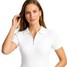 Camiseta Polo Feminina Canelada Slim Fit Blusa Manga Curta com Zíper Casual Confortável