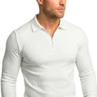 Camiseta Polo Masculina Canelada Slim Fit Manga Longa com Zíper Casual Elegante