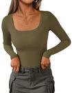Camiseta PRETTYGARDEN Canelada com Decote Redondo Manga Longa Verde Militar P