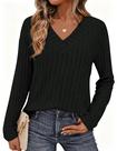 Camiseta PRETTYGARDEN de manga larga, cuello en V, tejido acanalado, color negro, talla M