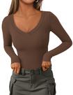 Camiseta PRETTYGARDEN Feminina Manga Longa Slim Fit Decote V Marrom P