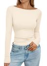Camiseta PRETTYGARDEN Gola Canoa Manga Longa Bege Tamanho G