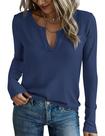 Camiseta PRETTYGARDEN Outono 2025 Decote V Textura Waffle Marinho XL