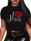 Camiseta Qyz-Top I Love Jesus Rhinestone Bling para mulheres