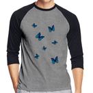 Camiseta Raglan Borboletas Azuis Manga 3/4 - Foca na Moda