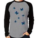Camiseta Raglan Borboletas Azuis Manga Longa - Foca na Moda