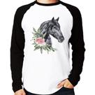 Camiseta Raglan Cavalo e Flores Manga Longa - Foca na Moda Camiseta Raglan Cavalo e Flores Manga Longa - Foca na Moda