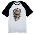Camiseta Raglan Caveira Indigena Cocar flechas cruzadas