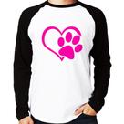Camiseta Raglan Coração Patinha Rosa Manga Longa - Foca na Moda