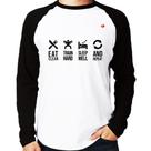 Camiseta Raglan Eat, train, sleep, repeat Manga Longa - Foca na Moda