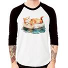 Camiseta Raglan Gatinho Relaxando na Bóia Manga 3/4 - Foca na Moda