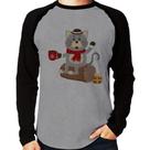 Camiseta Raglan Gatinho Simpático Manga Longa - Foca na Moda