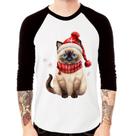 Camiseta Raglan Gato Natalino Gorro e Cachecol Manga 3/4 - Foca na Moda Camiseta Raglan Gato Natalino Gorro e Cachecol Manga 3/4 - Foca na Moda