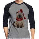 Camiseta Raglan Gato Natalino Gorro e Cachecol Manga 3/4 - Foca na Moda Camiseta Raglan Gato Natalino Gorro e Cachecol Manga 3/4 - Foca na Moda