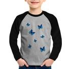 Camiseta Raglan Infantil Borboletas Azuis Manga Longa - Foca na Moda