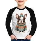 Camiseta Raglan Infantil Cachorro Bulldog Francês Natalino Manga Longa - Foca na Moda