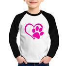 Camiseta Raglan Infantil Coração Patinha Rosa Manga Longa - Foca na Moda