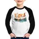 Camiseta Raglan Infantil Gatinho Relaxando na Bóia Manga Longa - Foca na Moda