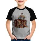 Camiseta Raglan Infantil Mala e Botas Retrô Flores - Foca na Moda