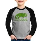 Camiseta Raglan Infantil openSUSE Linux Logo Manga Longa - Foca na Moda
