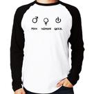 Camiseta Raglan Man Woman Geek Manga Longa - Foca na Moda