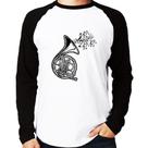Camiseta Raglan Trompa Notas Musicais Manga Longa - Foca na Moda Camiseta Raglan Trompa Notas Musicais Manga Longa - Foca na Moda