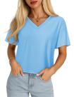 Camiseta recortada YUCOLEN para mulheres com decote em V e manga curta azul