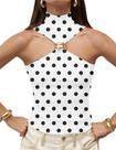 Camiseta regata Dressy Halter Twist Front Ring Plissada White Polka Dot