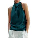 Camiseta regata feminina ABYOVRT, gola alta, seda acetinada, verde escuro