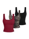 Camiseta regata feminina BEAUDRM, gola quadrada, sem mangas, leopardo franzido