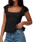 Camiseta regata feminina Cioatin fofa de renda Y2K Flowy Peplum preta