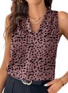 Camiseta regata feminina EVALESS com decote em V plissada casual leopardo L
