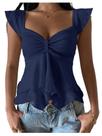 Camiseta regata feminina RoseSeek com decote em forma de coração, azul com babados
