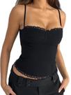 Camiseta regata feminina sexy Springcmy, gola quadrada, acabamento em renda, C, preta