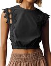 Camiseta regata feminina Ythomm com acabamento em renda, recorte em forma de bolha, gola redonda, preta Camiseta regata feminina Ythomm com acabamento em renda, recorte em forma de bolha, gola redonda, preta