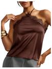 Camiseta regata MakeMechic Satin Halter, seda, acabamento em renda, sem encosto, marrom Camiseta regata MakeMechic Satin Halter, seda, acabamento em renda, sem encosto, marrom