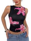 Camiseta regata Milumia Floral Mesh Y2k franzida para mulheres - preta/rosa