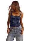 Camiseta regata SOLY HUX, espartilho feminino com estampa de bolinhas, azul escuro Camiseta regata SOLY HUX, espartilho feminino com estampa de bolinhas, azul escuro